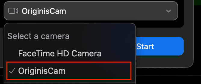 Selecting Originis Web Cam as the camera source